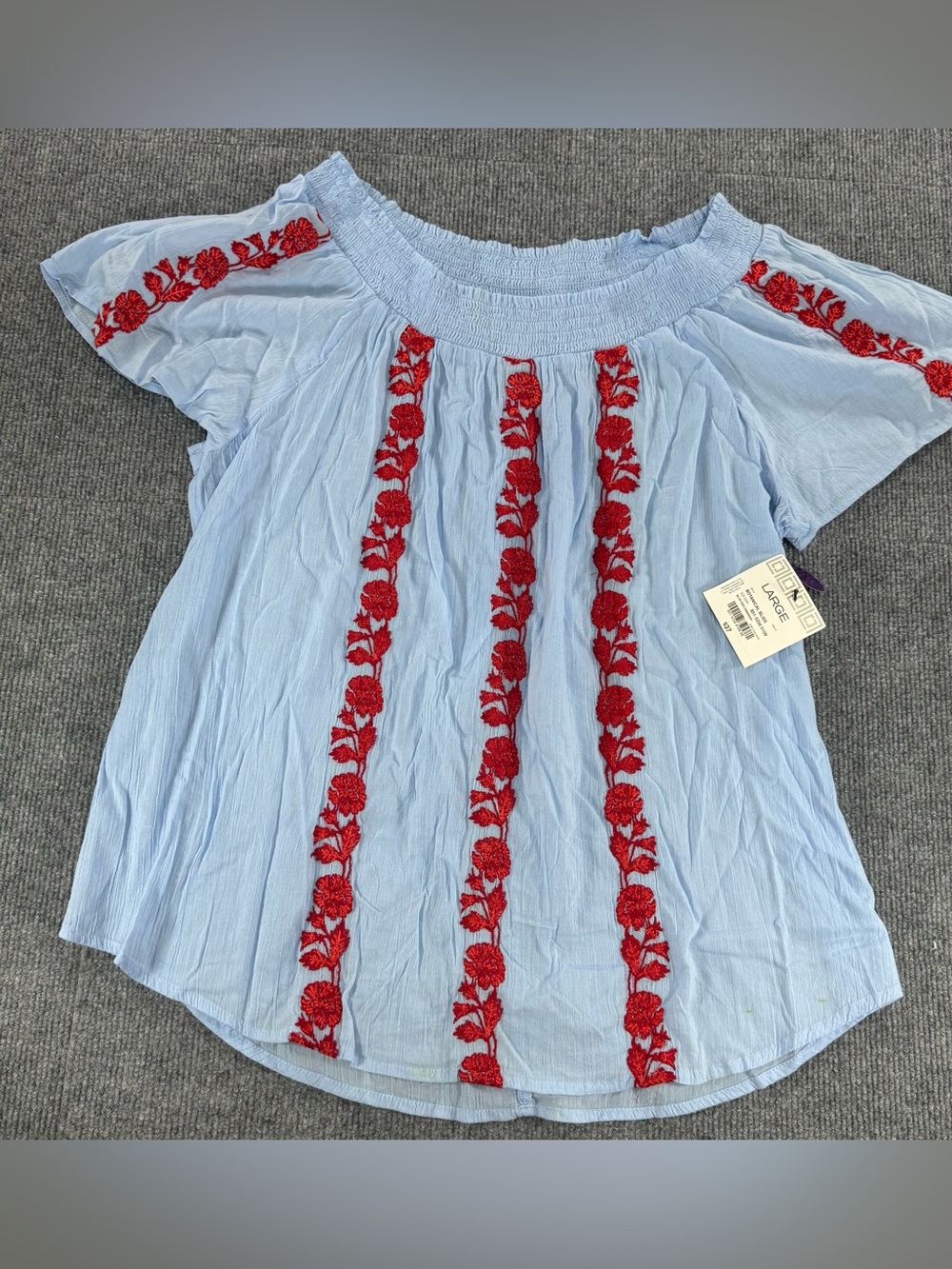 LIZ CLAIBORNE 100% Cotton Embroidered Blouse L Blue Red Floral Cottagecore Boho